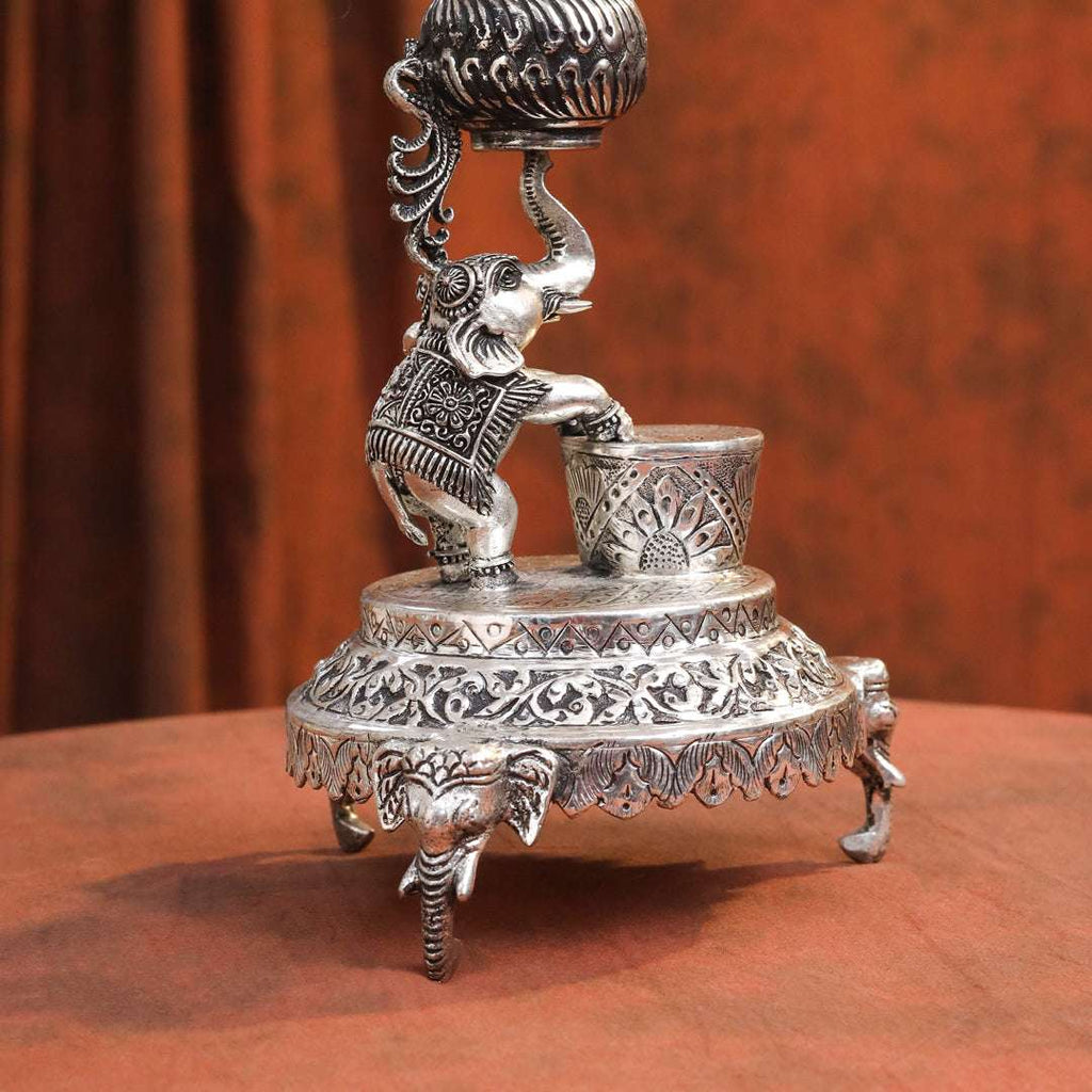 Brass Silver Plated Elephant / Peacock Design Oil Lamp (14.1 Inch) Vedansh Craft