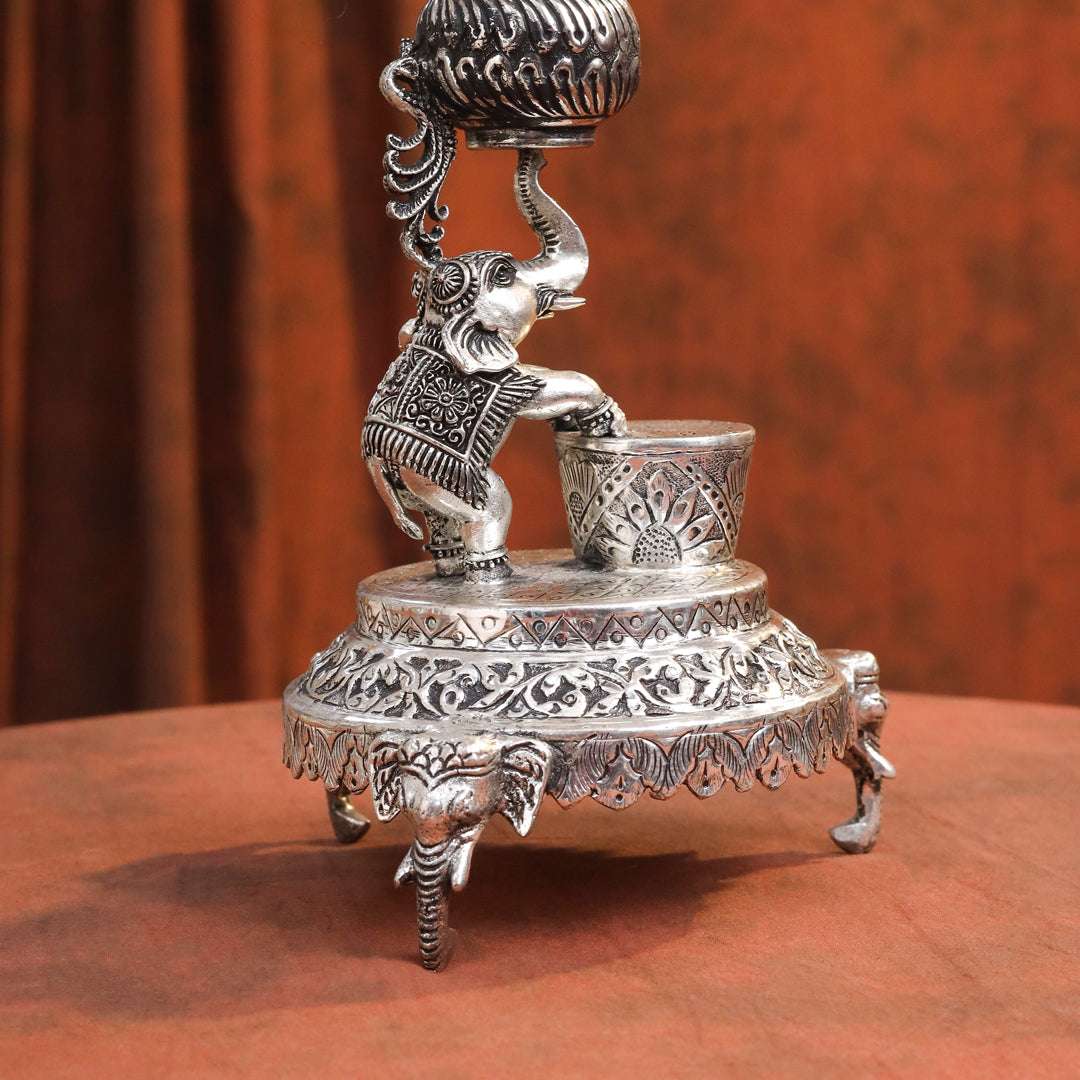 Brass Silver Plated Elephant / Peacock Design Oil Lamp (14.1 Inch) Vedansh Craft