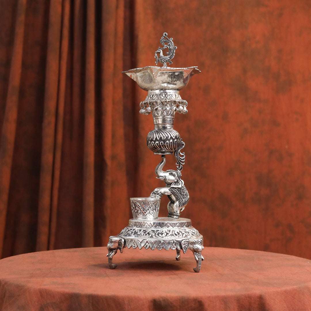 Brass Silver Plated Elephant / Peacock Design Oil Lamp (14.1 Inch) Vedansh Craft
