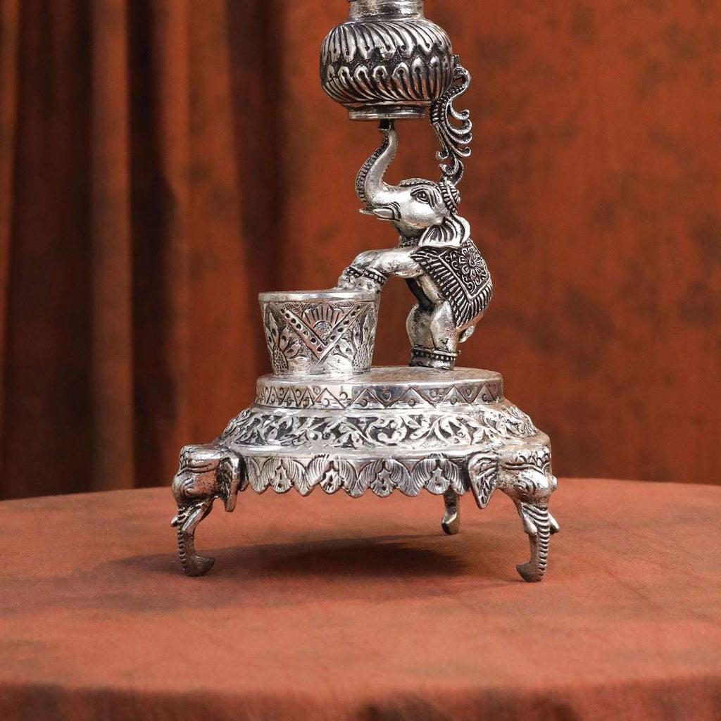 Brass Silver Plated Elephant / Peacock Design Oil Lamp (14.1 Inch) Vedansh Craft
