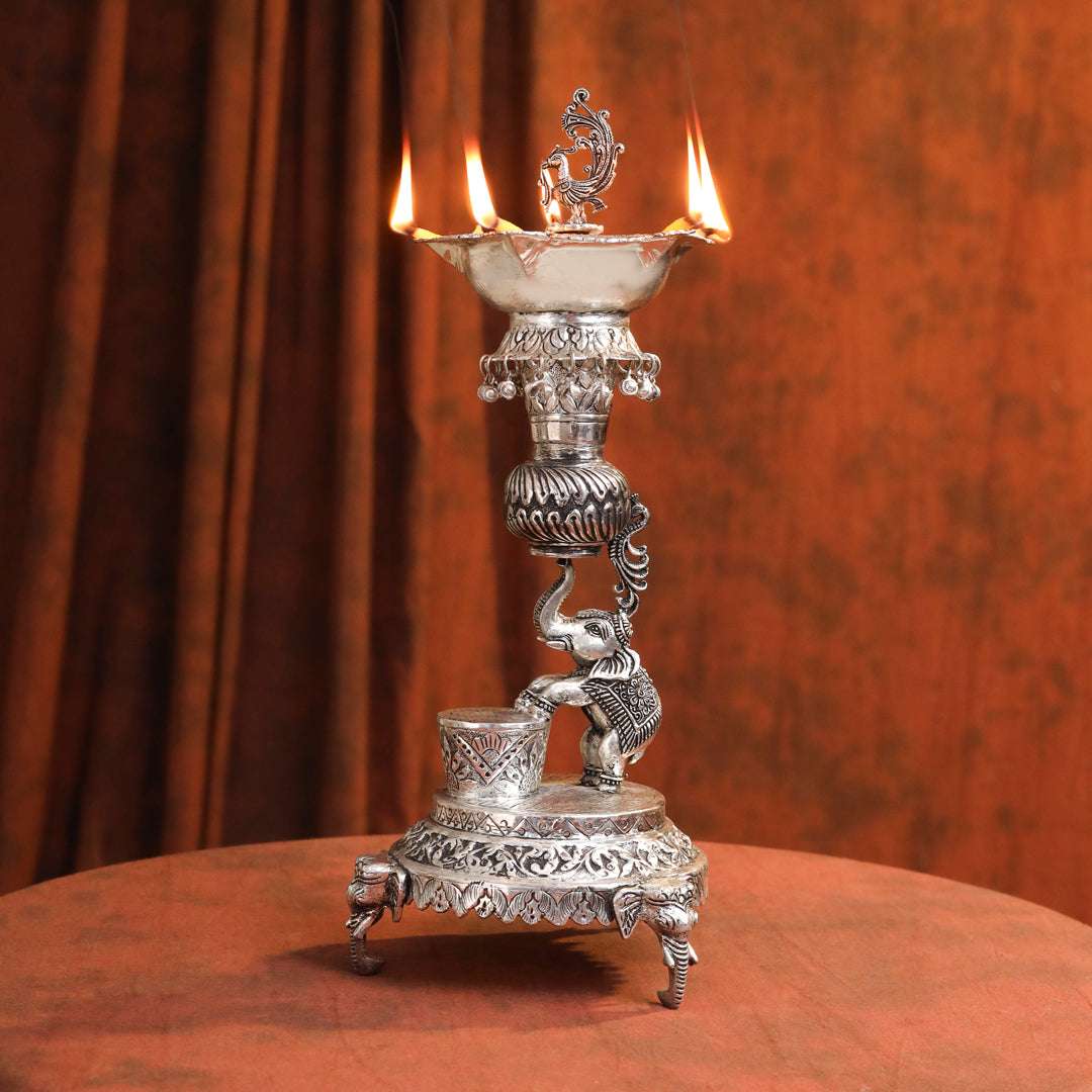Brass Silver Plated Elephant / Peacock Design Oil Lamp (14.1 Inch) Vedansh Craft