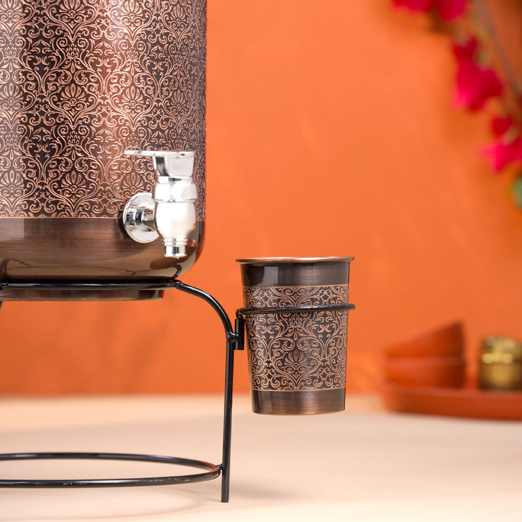 Copper Premium Water Dispenser with Glass & Stand (12 Inch) Vedansh Craft