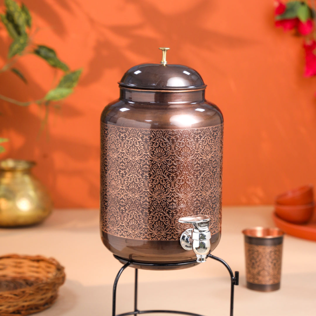Copper Premium Water Dispenser with Glass & Stand (12 Inch) Vedansh Craft