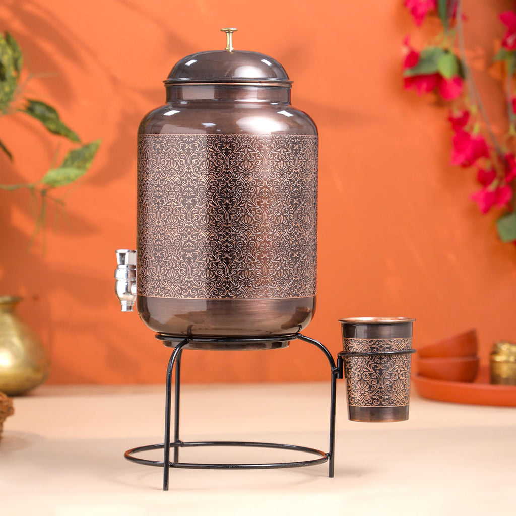 Copper Premium Water Dispenser with Glass & Stand (12 Inch) Vedansh Craft
