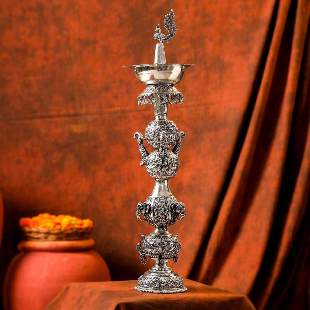 Brass Silver Plated Peacock Design Samai Oil Lamp (23.8 Inch) Vedansh Craft