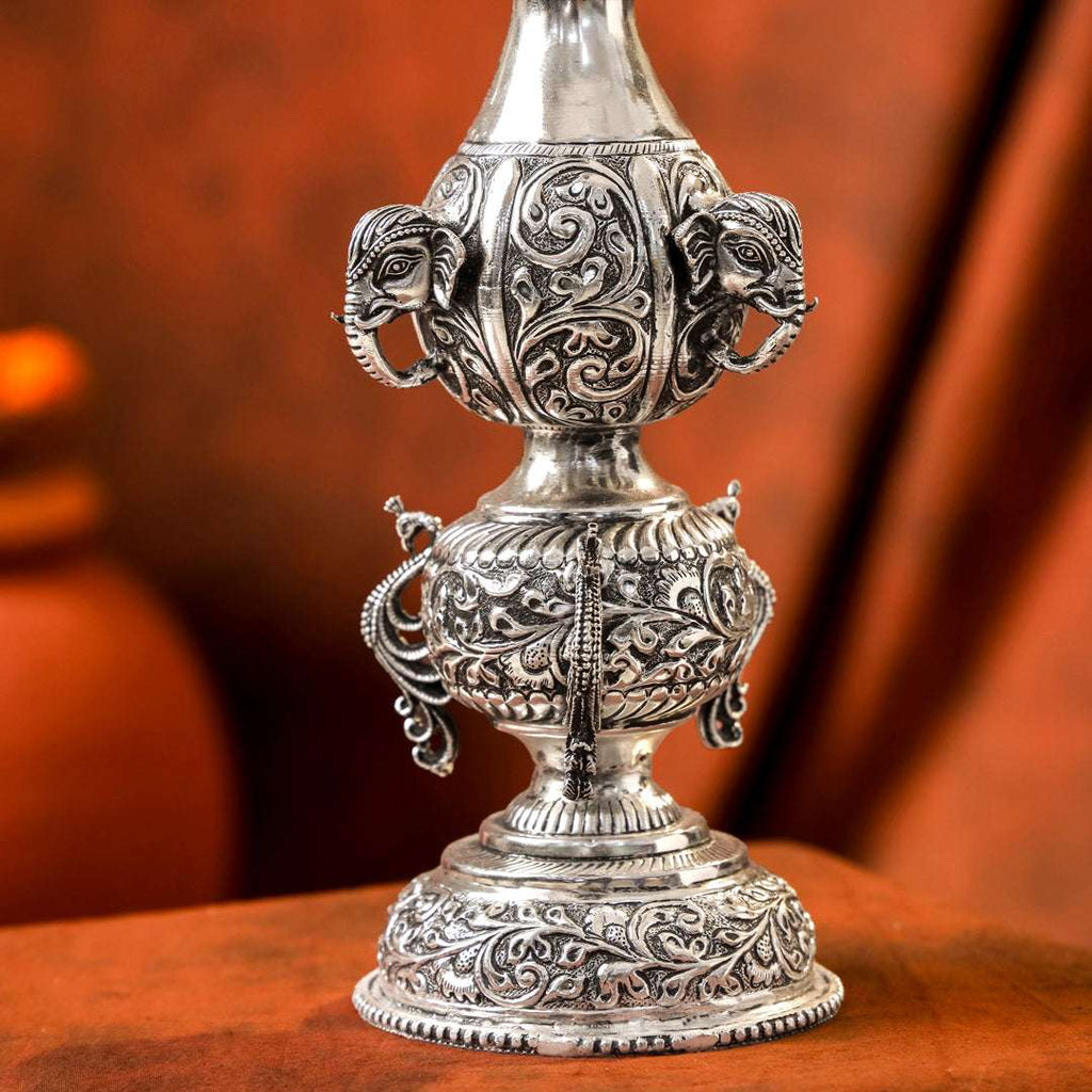 Brass Silver Plated Peacock Design Samai Oil Lamp (23.8 Inch) Vedansh Craft