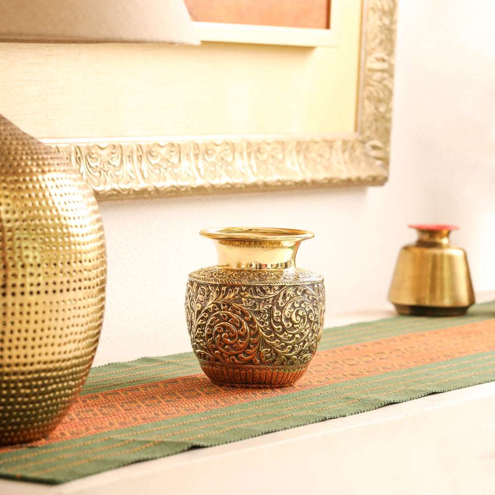 Brass Decorative Pot / Kalash Intricately Engraved Floral Design (6 Inch) Vedansh Craft
