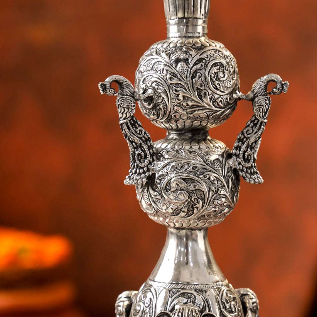 Brass Silver Plated Peacock Design Samai Oil Lamp (23.8 Inch) Vedansh Craft