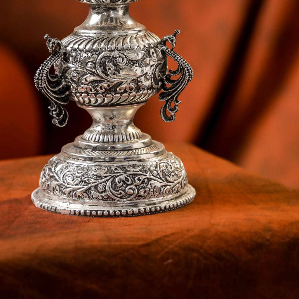 Brass Silver Plated Peacock Design Samai Oil Lamp (23.8 Inch) Vedansh Craft