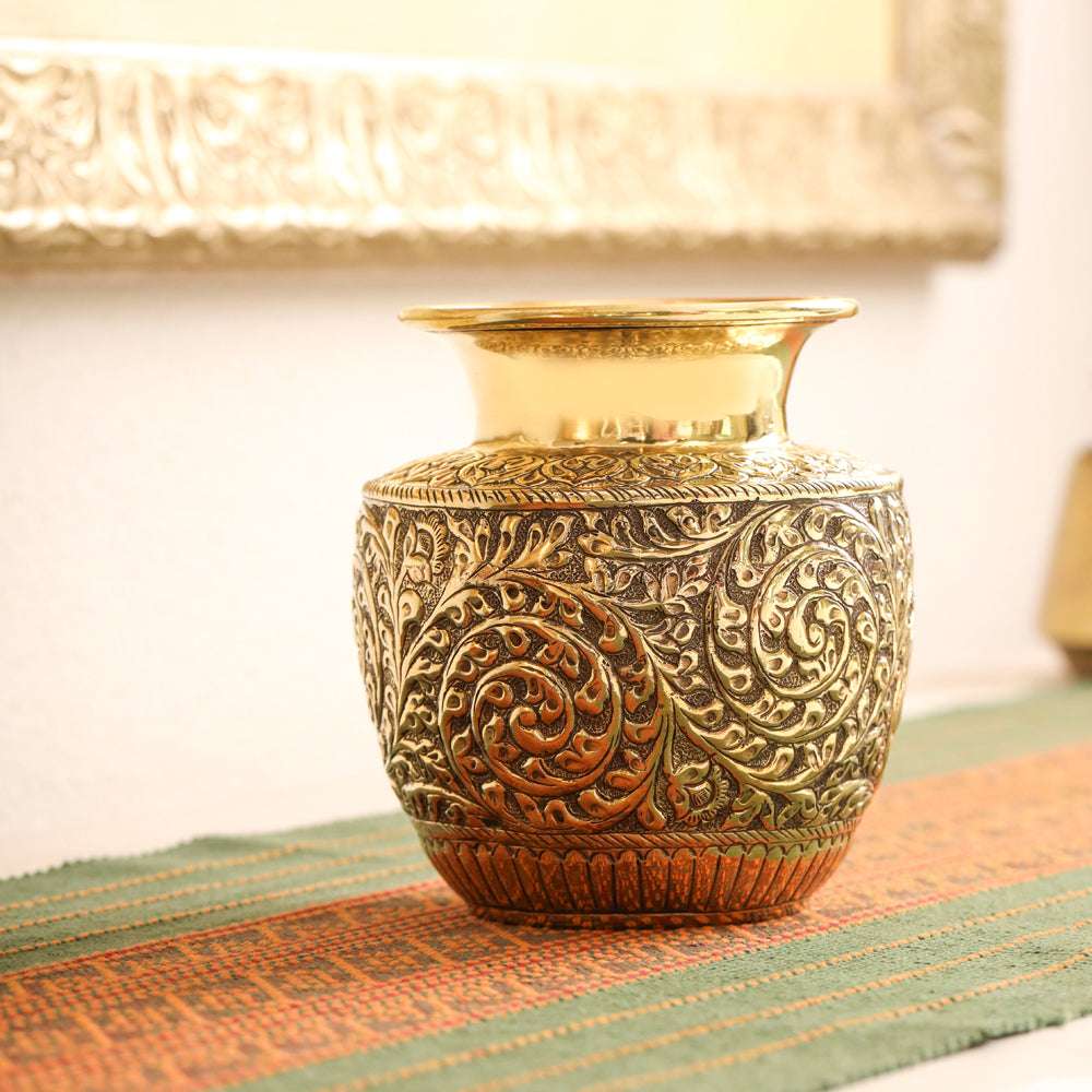 Brass Decorative Pot / Kalash Intricately Engraved Floral Design (6 Inch) Vedansh Craft