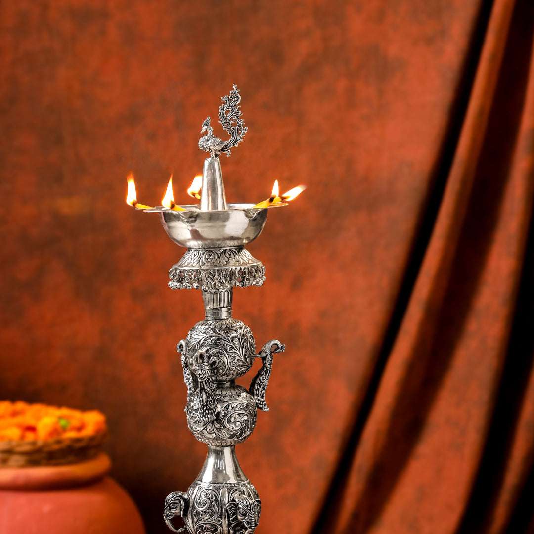 Brass Silver Plated Peacock Design Samai Oil Lamp (23.8 Inch) Vedansh Craft