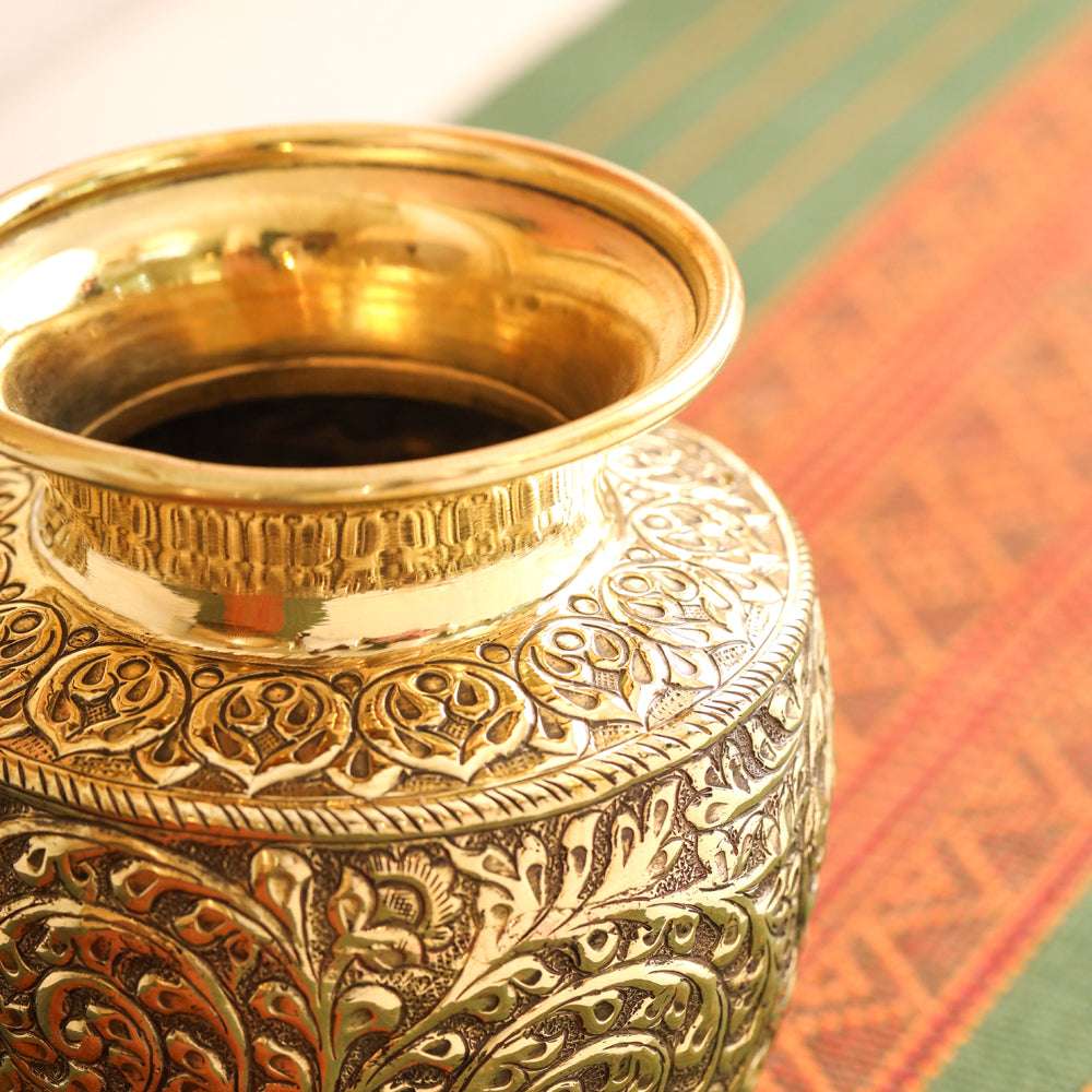 Brass Decorative Pot / Kalash Intricately Engraved Floral Design (6 Inch) Vedansh Craft