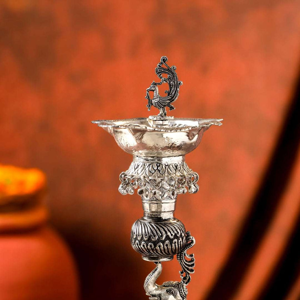 Brass Silver Plated Elephant / Peacock Design Oil Lamp (14.1 Inch) Vedansh Craft