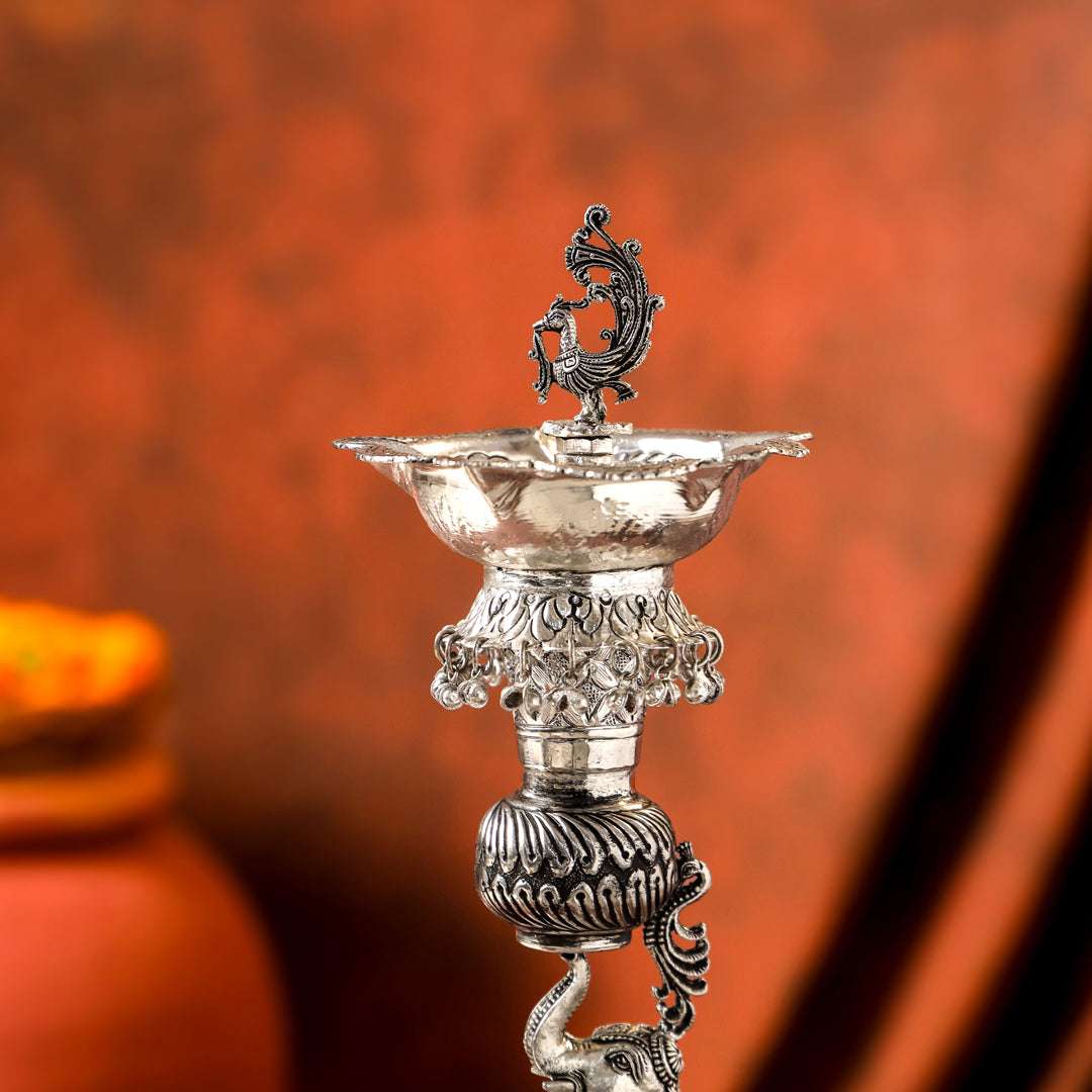 Brass Silver Plated Elephant / Peacock Design Oil Lamp (14.1 Inch) Vedansh Craft