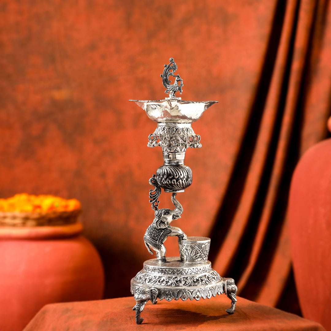 Brass Silver Plated Elephant / Peacock Design Oil Lamp (14.1 Inch) Vedansh Craft