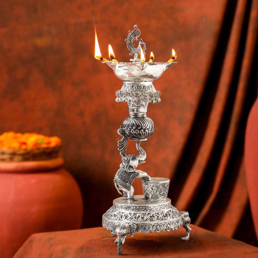 Brass Silver Plated Elephant / Peacock Design Oil Lamp (14.1 Inch) Vedansh Craft