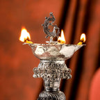 Brass Silver Plated Elephant / Peacock Design Oil Lamp (14.1 Inch) Vedansh Craft