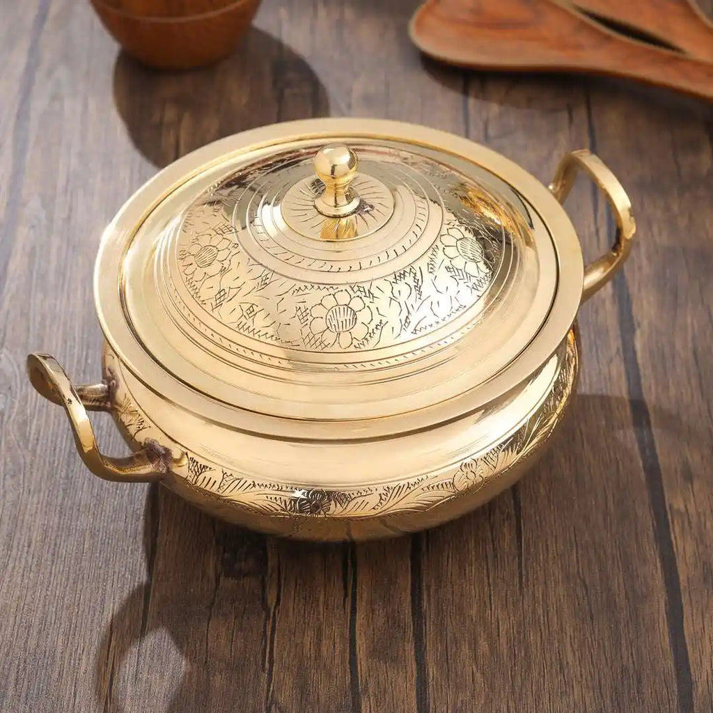 Brass Serving Pot With Lid And Handle (5.4 Inch) Vedansh Craft