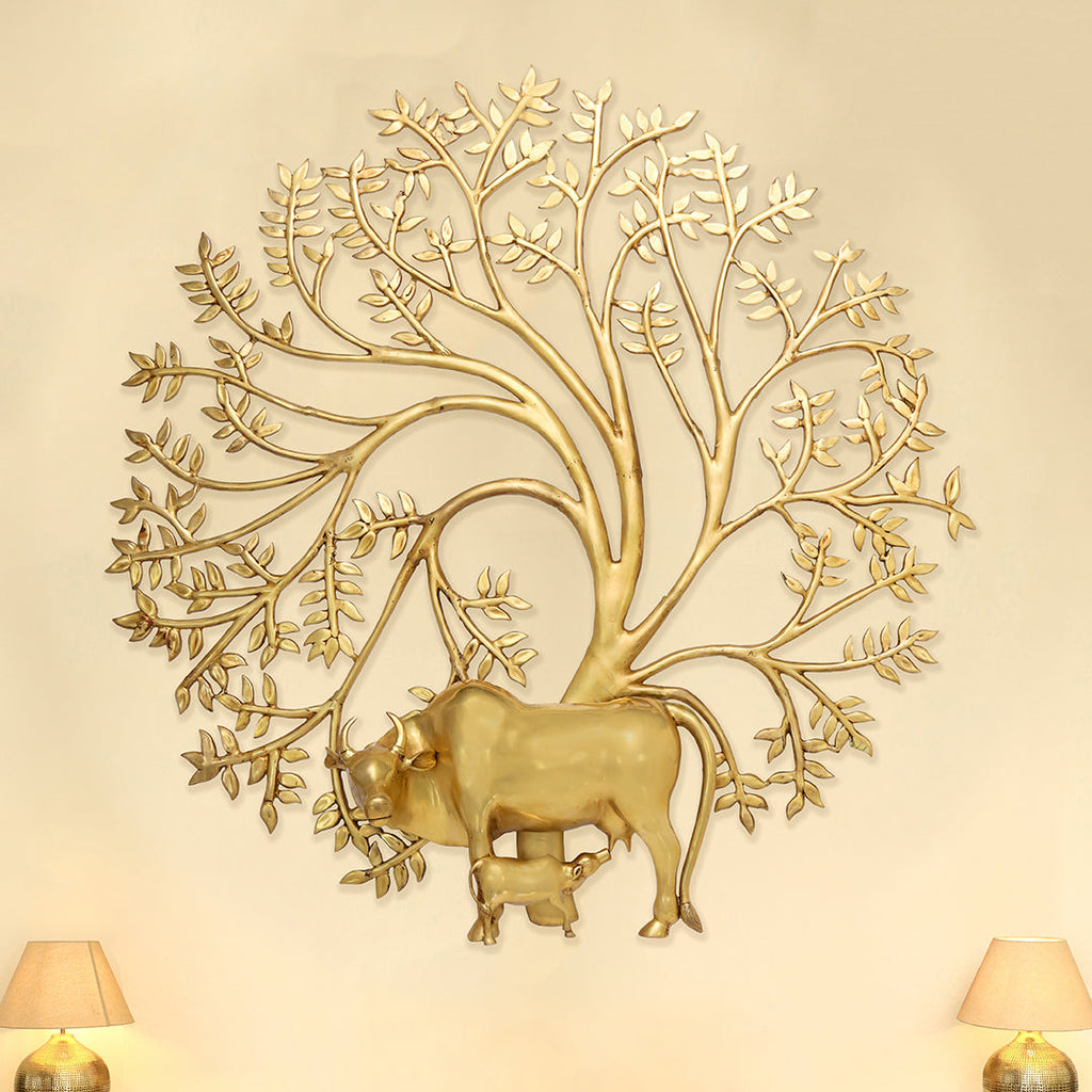 Brass Cow & Calf With Kalpvriksha Tree Wall Hanging (44.8 Inch) Vedansh Craft
