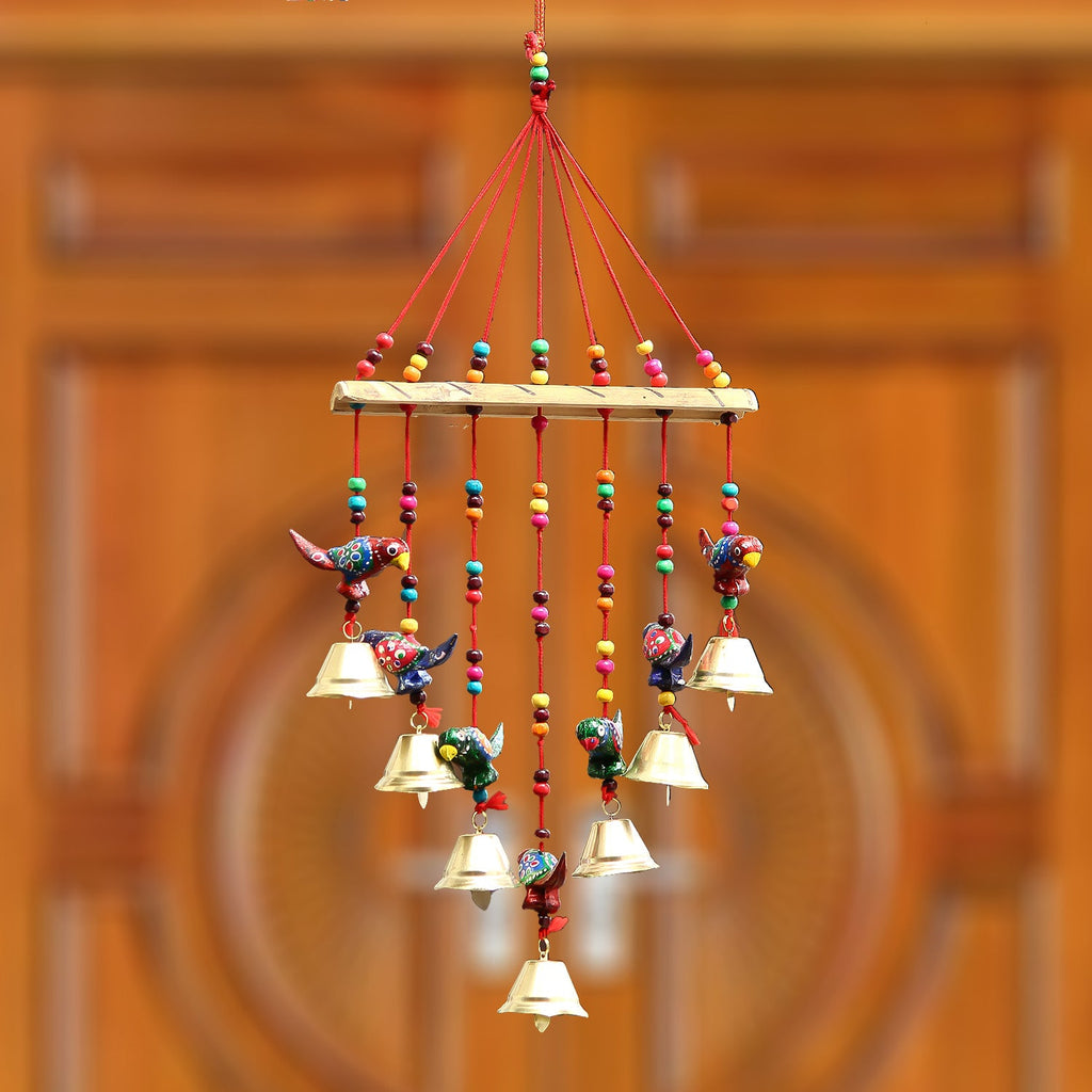 Multicolor Handcrafted Decorative Seven Parrot Wall/Door/Window Hanging Bells