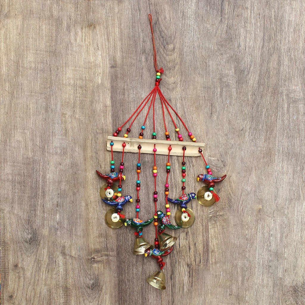 Multicolor Handcrafted Decorative Seven Parrot Wall/Door/Window Hanging Bells