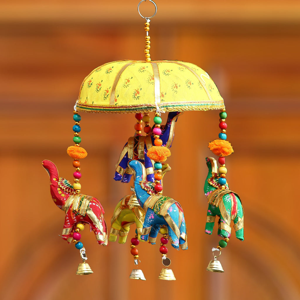 Multicolor Handcrafted Decorative Five Elephant Wall/Door/Window Hanging Bells Kafalo