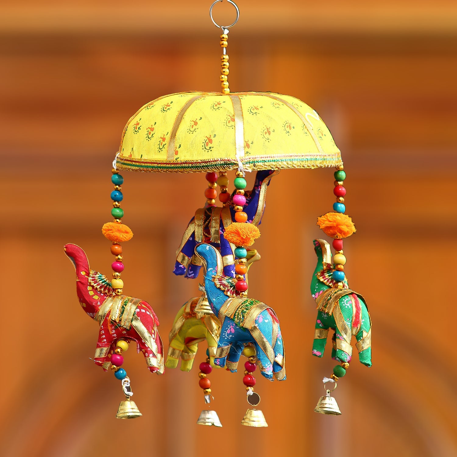 Multicolor Handcrafted Decorative Five Elephant Wall/Door/Window Hanging Bells Kafalo