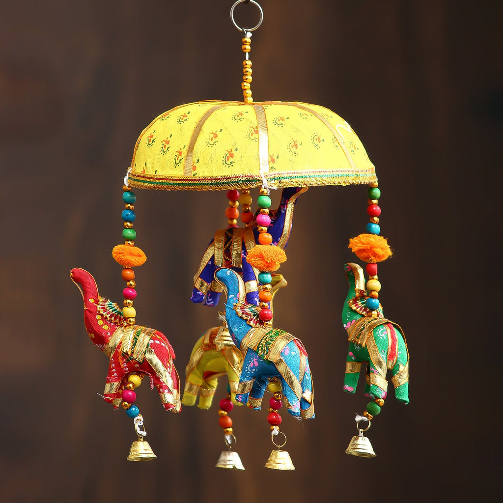 Multicolor Handcrafted Decorative Five Elephant Wall/Door/Window Hanging Bells Kafalo