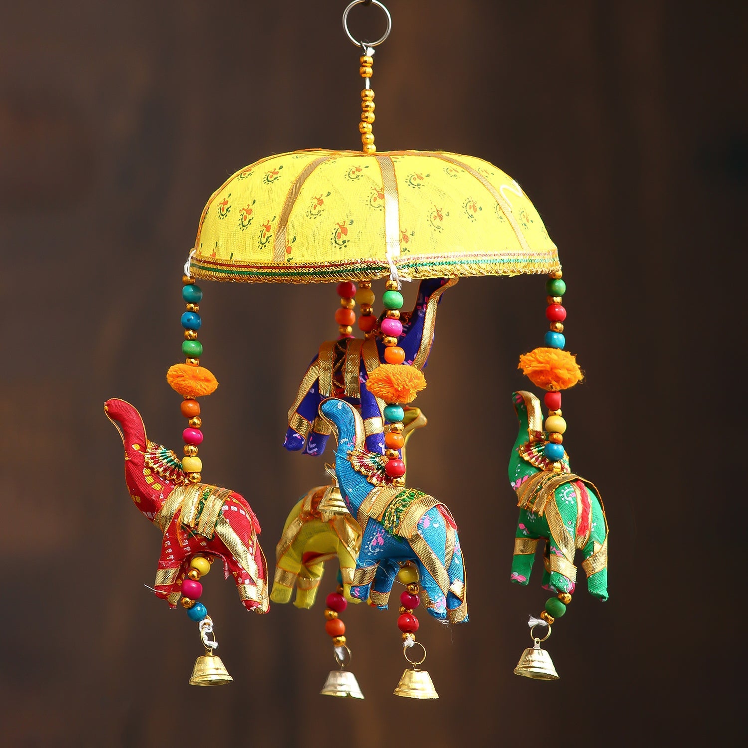 Multicolor Handcrafted Decorative Five Elephant Wall/Door/Window Hanging Bells Kafalo