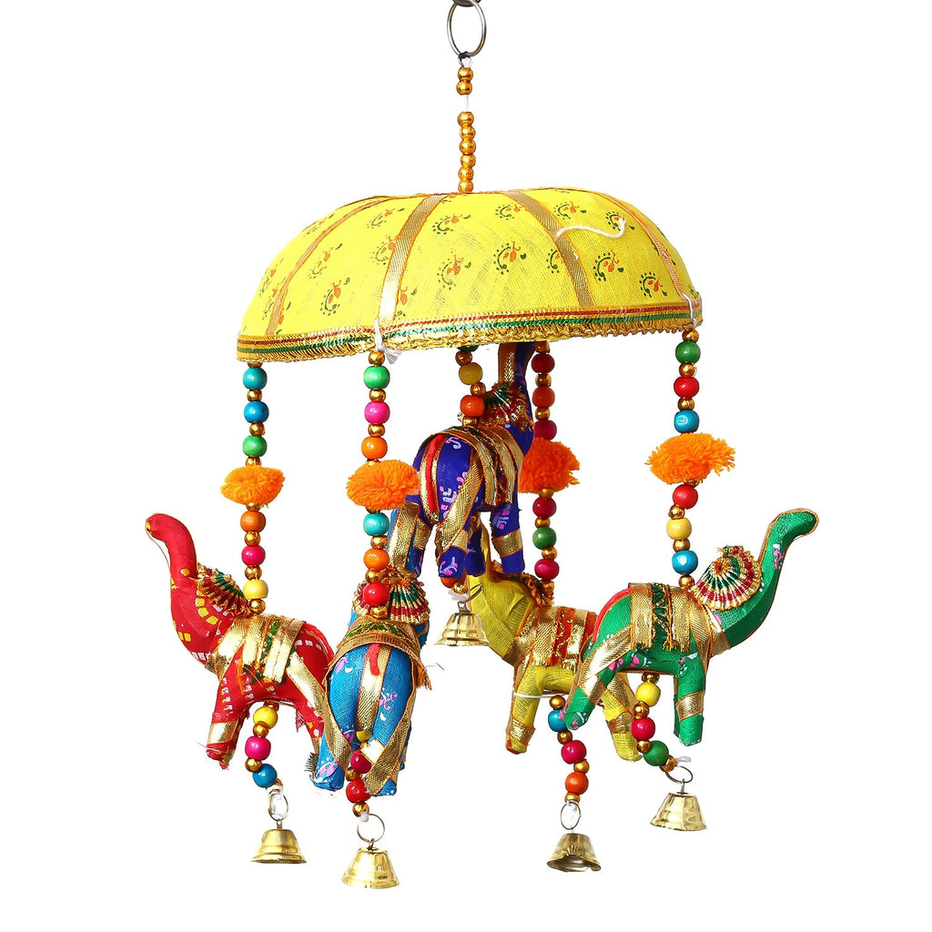 Multicolor Handcrafted Decorative Five Elephant Wall/Door/Window Hanging Bells Kafalo