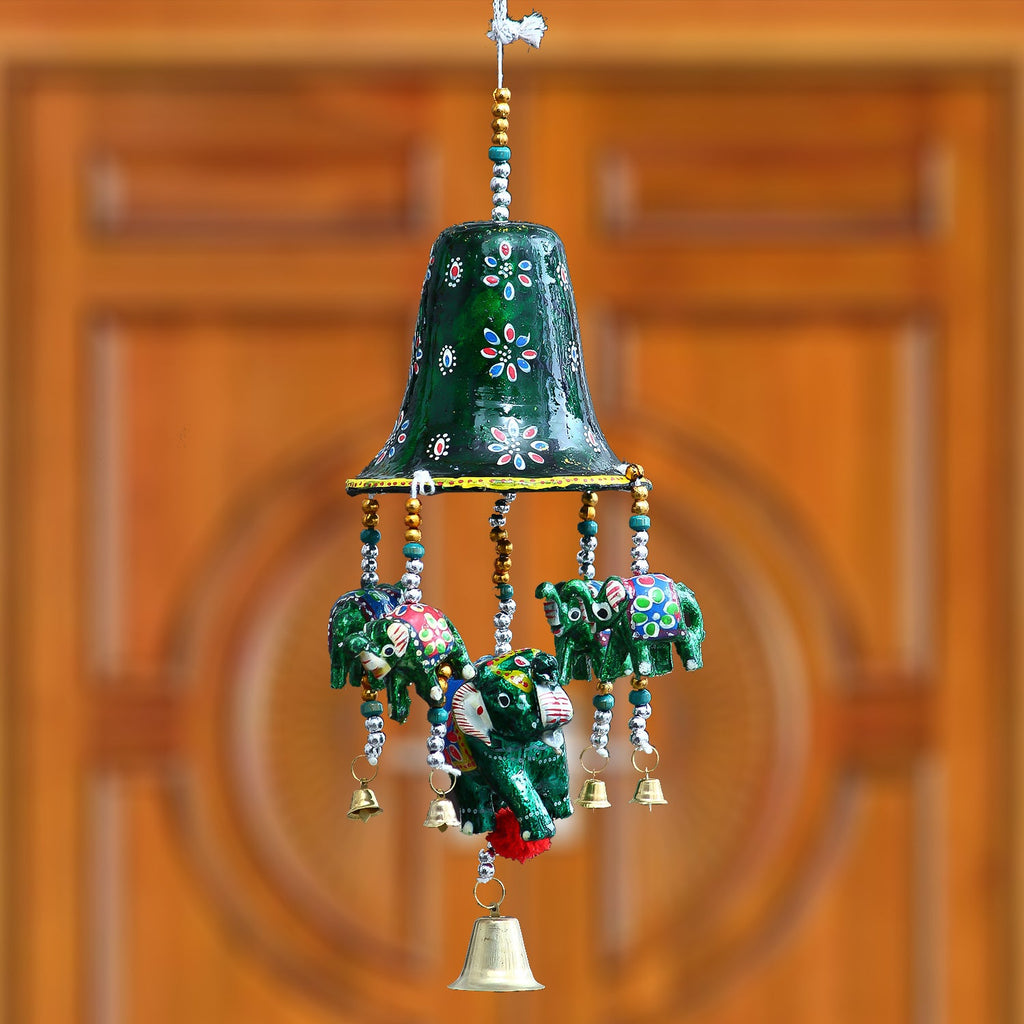 Multicolor Handcrafted Decorative Bell Shape Five Elephant Wall/Door/Window Hanging Bells Kafalo