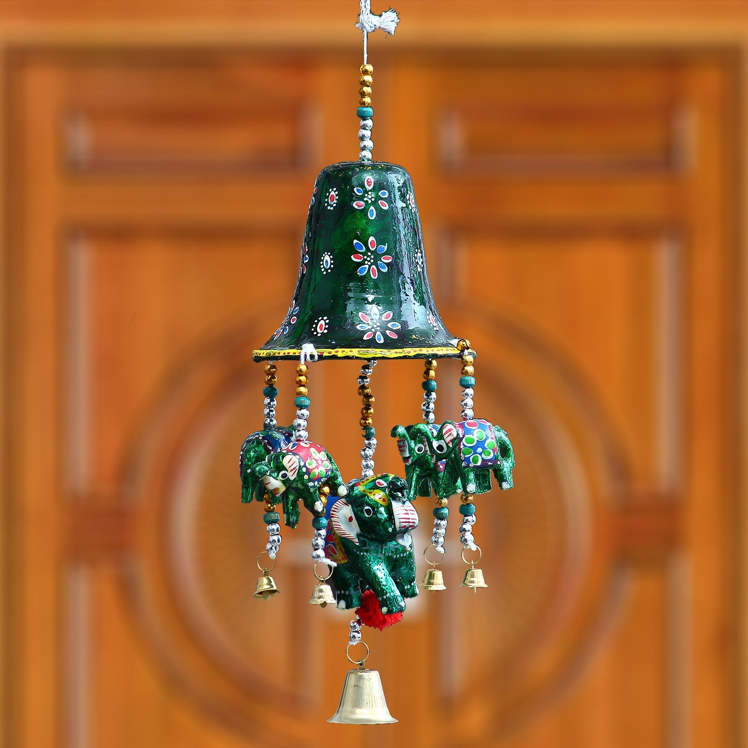 Multicolor Handcrafted Decorative Bell Shape Five Elephant Wall/Door/Window Hanging Bells Kafalo