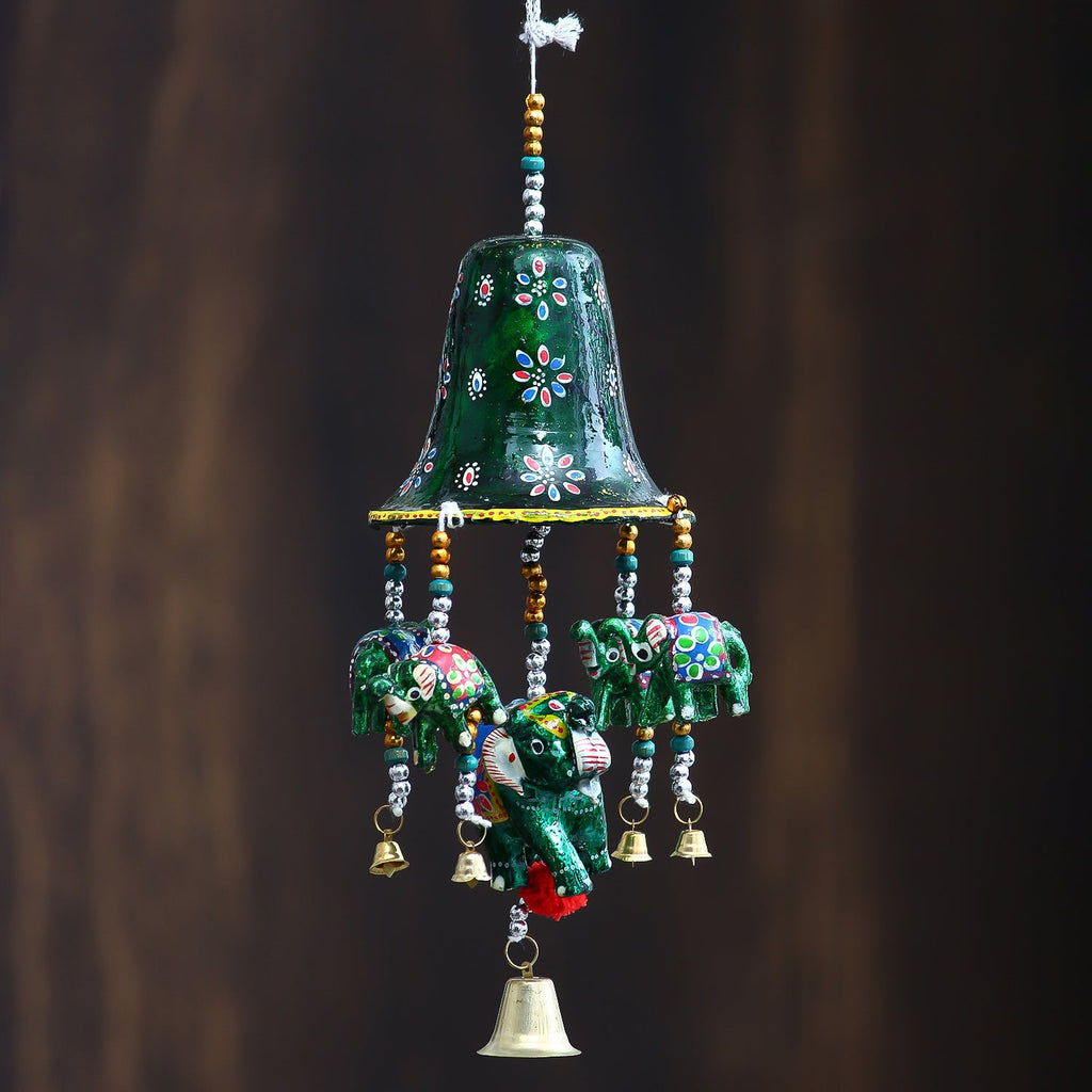 Multicolor Handcrafted Decorative Bell Shape Five Elephant Wall/Door/Window Hanging Bells Kafalo