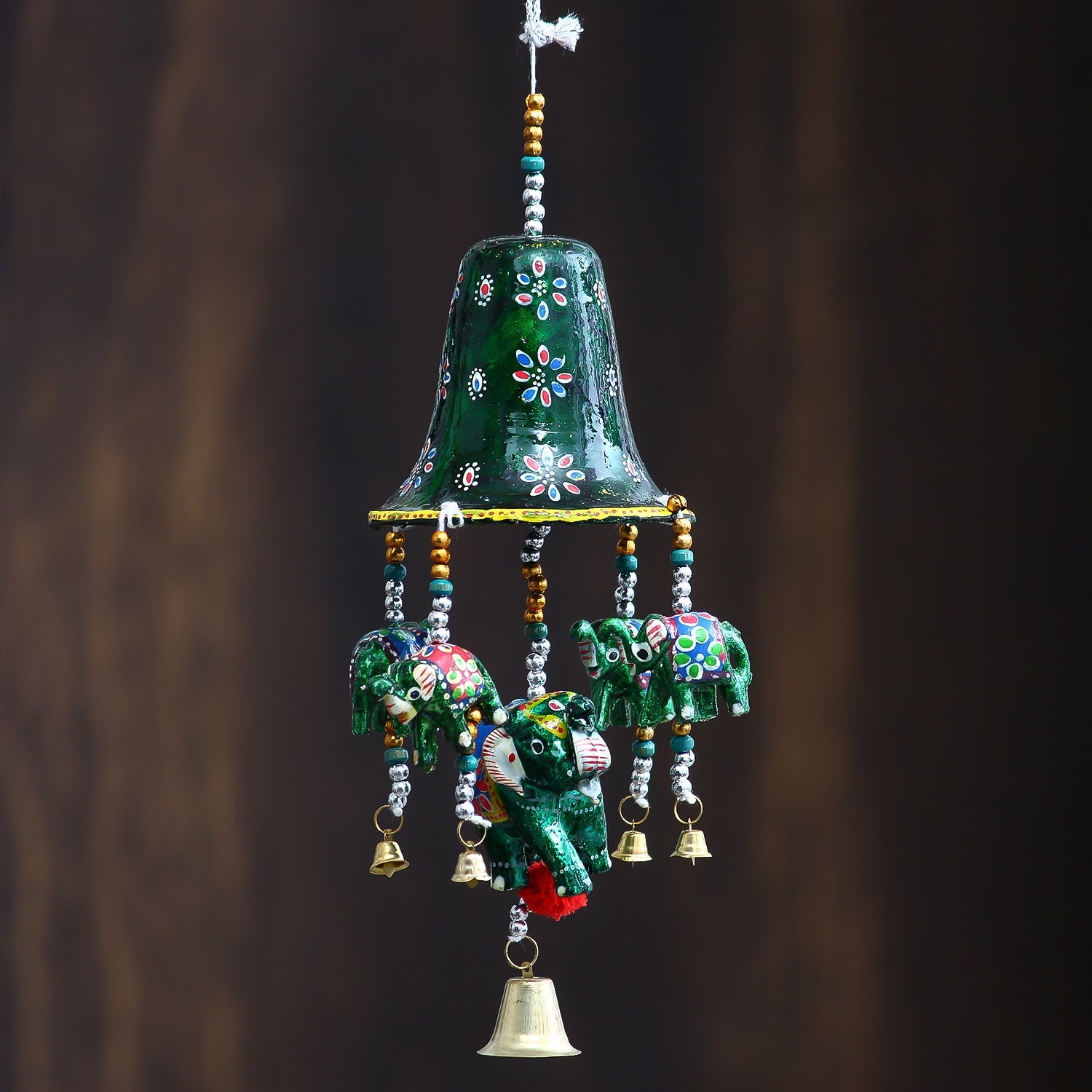 Multicolor Handcrafted Decorative Bell Shape Five Elephant Wall/Door/Window Hanging Bells Kafalo