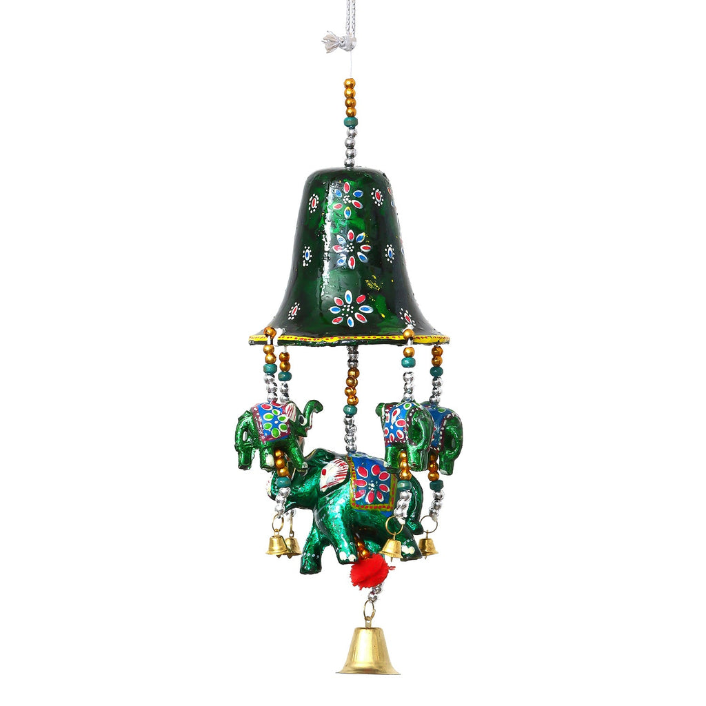 Multicolor Handcrafted Decorative Bell Shape Five Elephant Wall/Door/Window Hanging Bells Kafalo