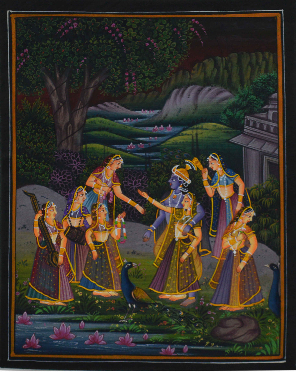 Radha Krishna Treated by Sevikas Original Art Silk Painting Kafalo