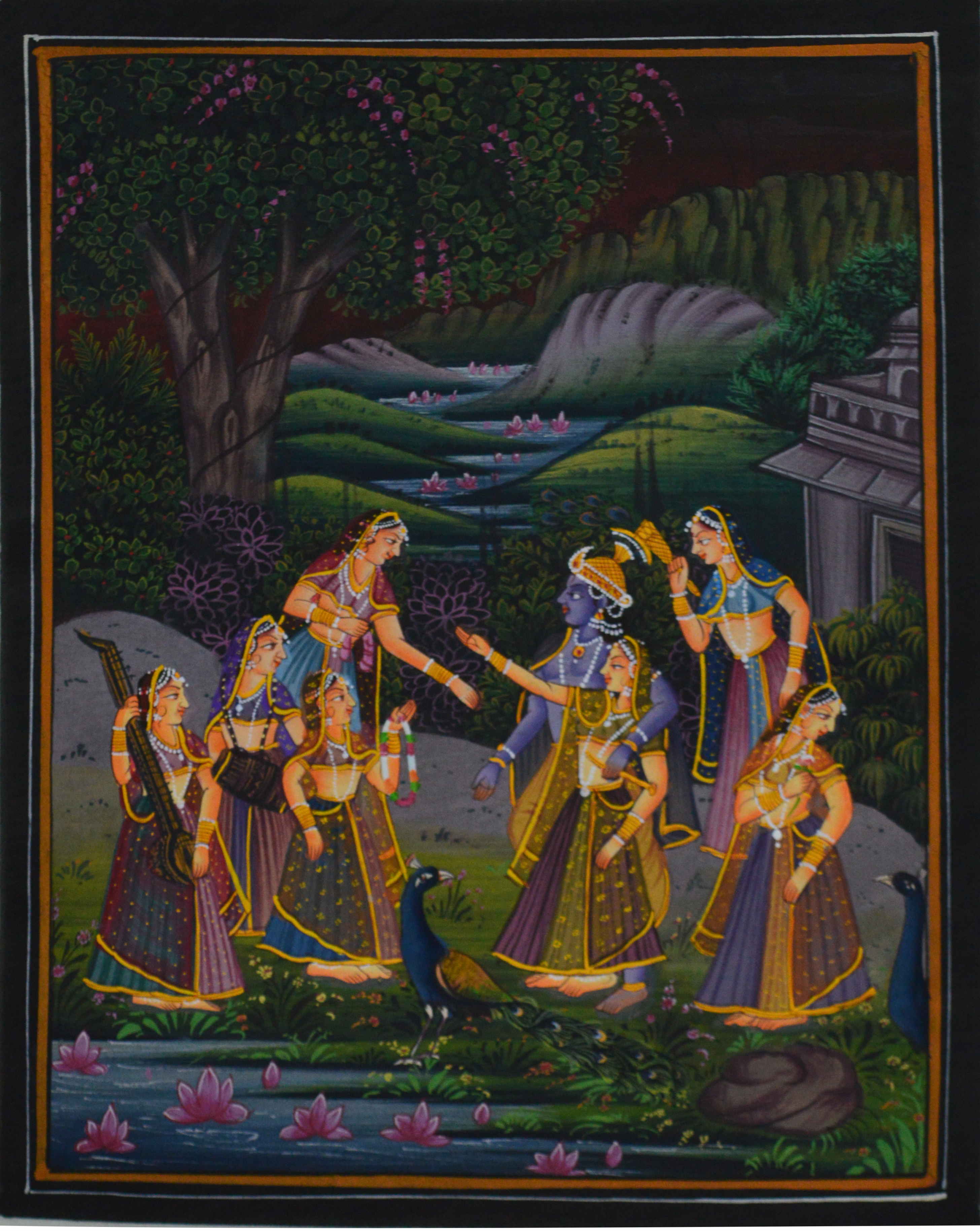 Radha Krishna Treated by Sevikas Original Art Silk Painting Kafalo