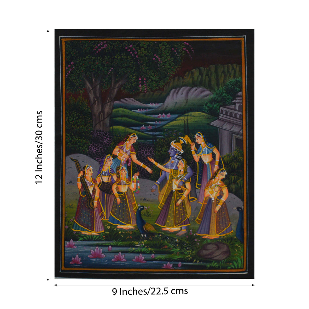 Radha Krishna Treated by Sevikas Original Art Silk Painting Kafalo
