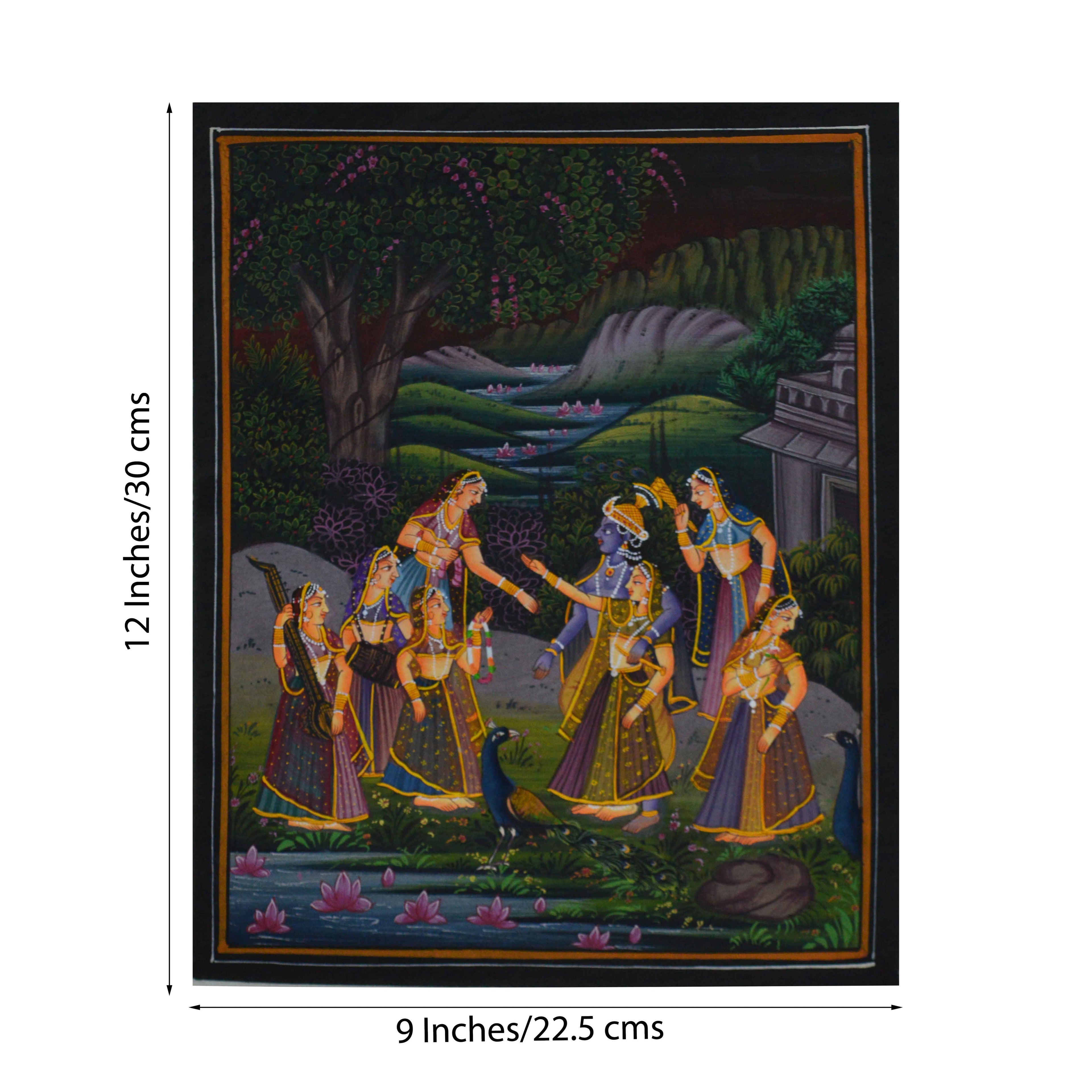 Radha Krishna Treated by Sevikas Original Art Silk Painting Kafalo