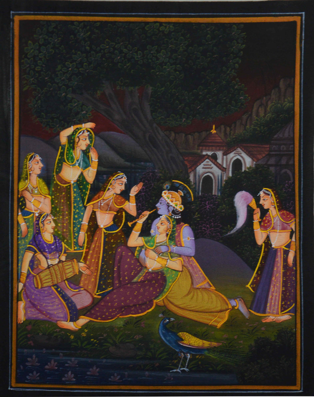 Radha Krishna Playing Bansuri Original Art Silk Painting Kafalo