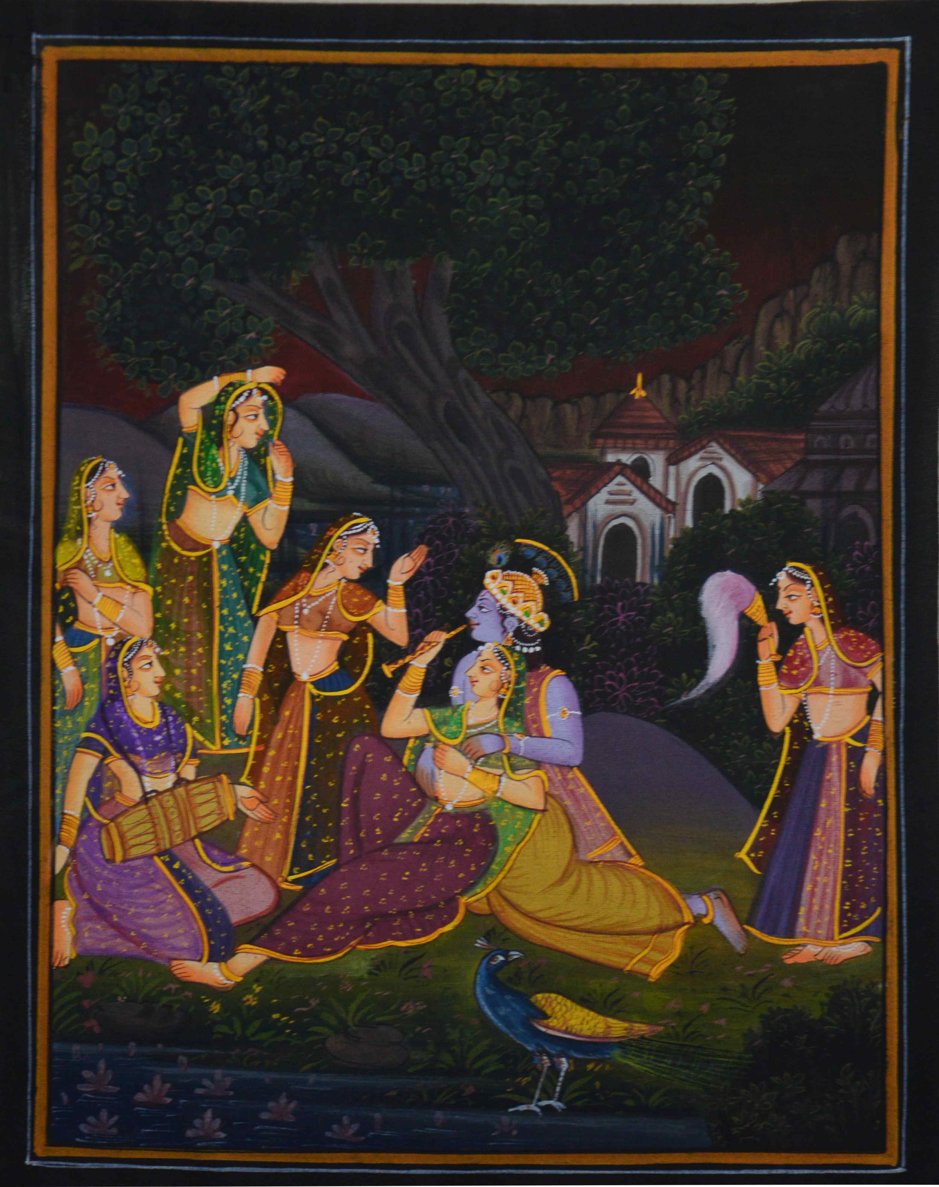 Radha Krishna Playing Bansuri Original Art Silk Painting Kafalo