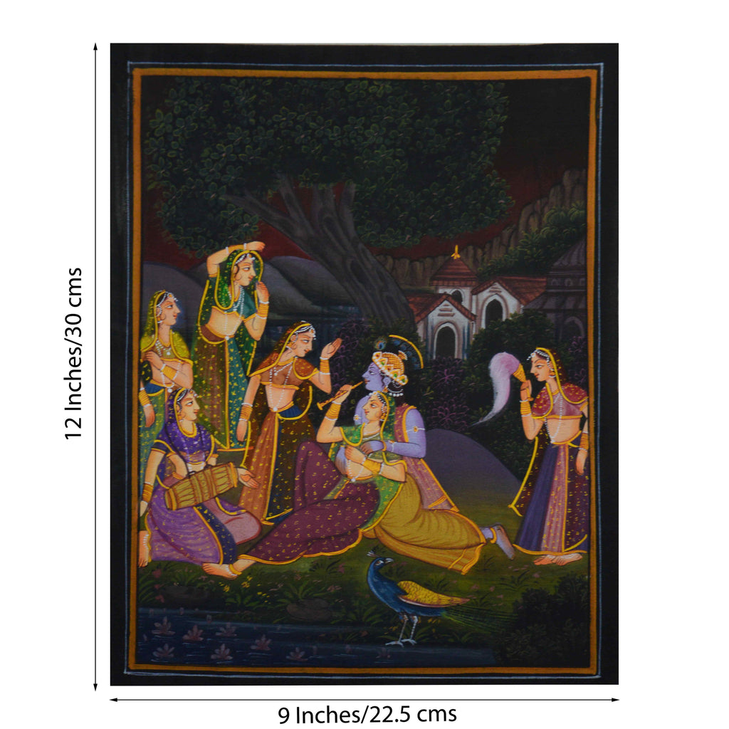 Radha Krishna Playing Bansuri Original Art Silk Painting Kafalo