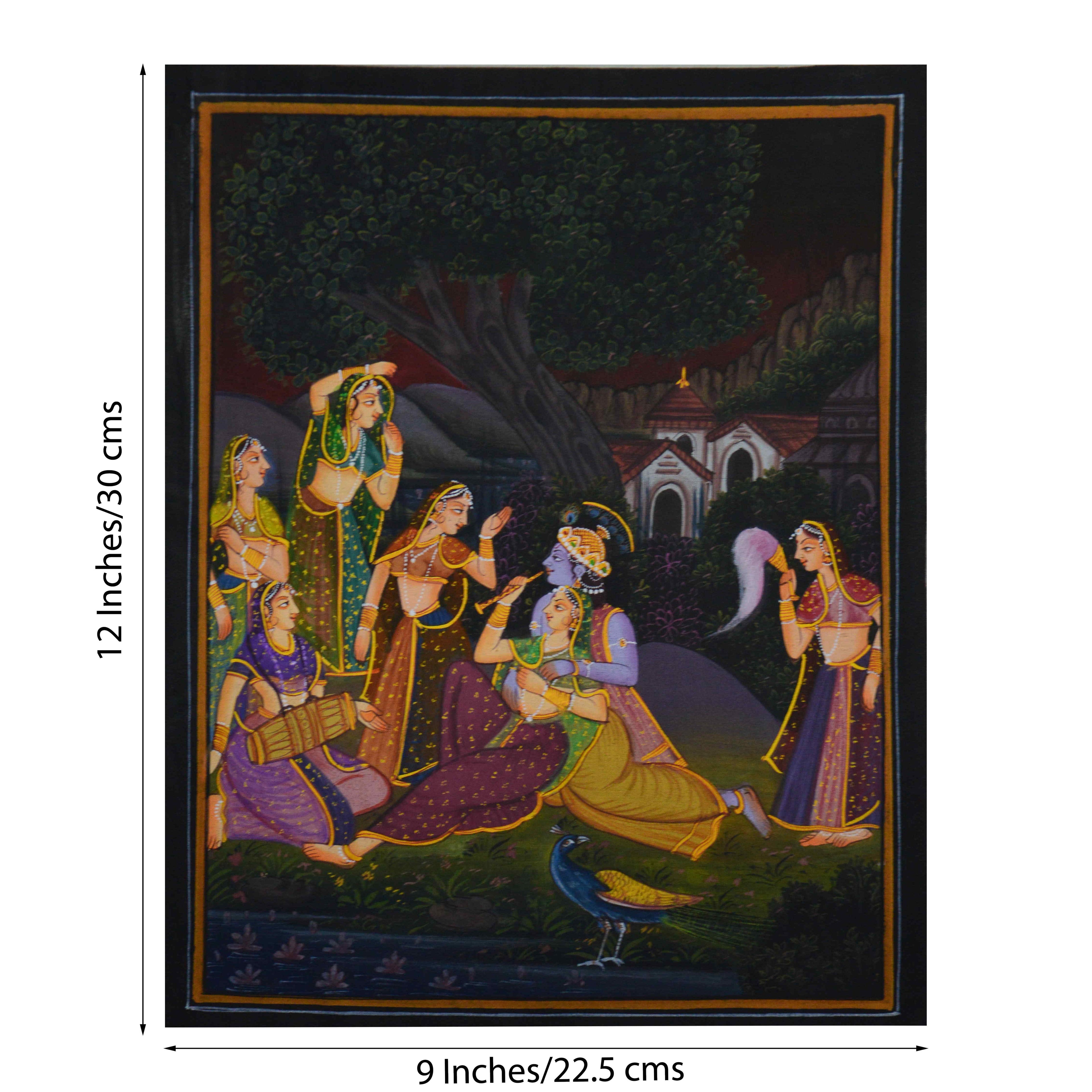 Radha Krishna Playing Bansuri Original Art Silk Painting Kafalo