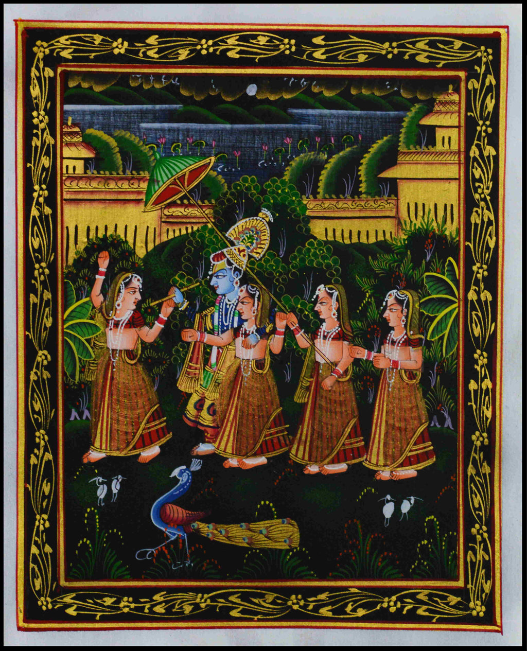 Radha Krishna Playing Bansuri with Gopis Original Art Silk Painting Kafalo