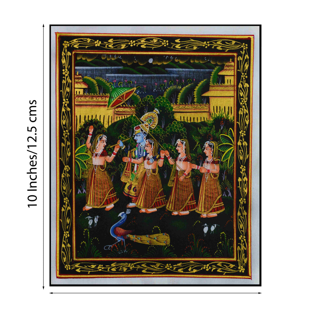 Radha Krishna Playing Bansuri with Gopis Original Art Silk Painting Kafalo