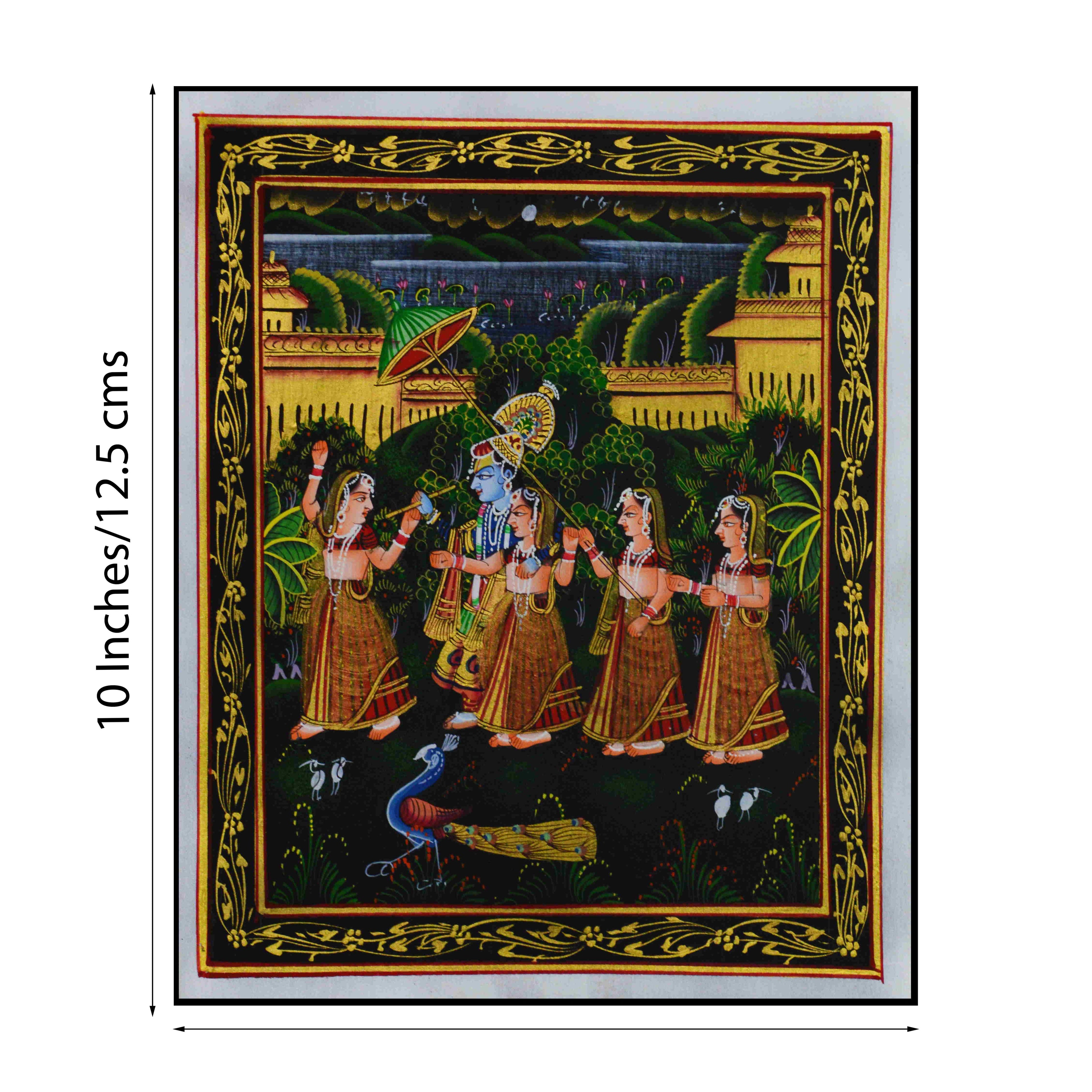 Radha Krishna Playing Bansuri with Gopis Original Art Silk Painting Kafalo