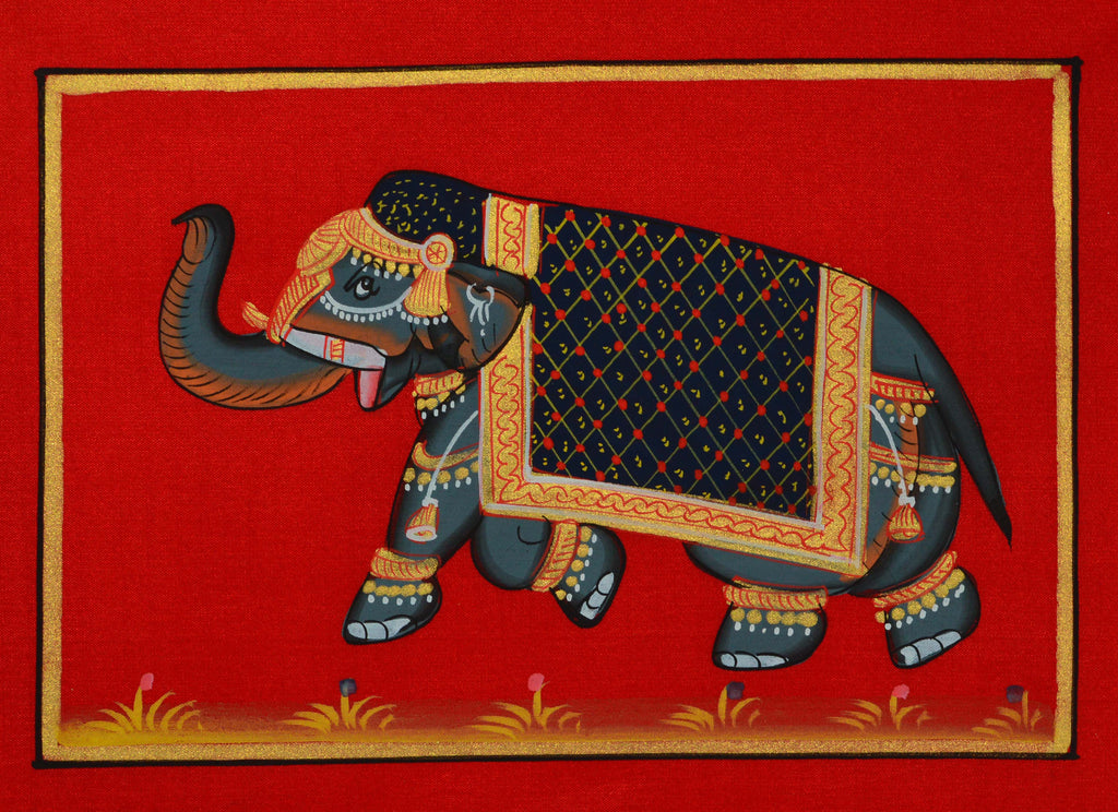 Decorated Royal Elephant Original Art Silk Painting Kafalo