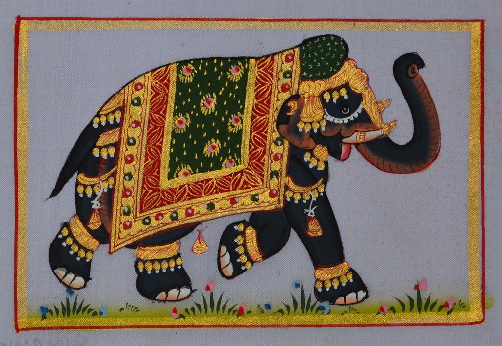 Royal Elephant decorated with Gold Ornaments Original Art Silk Painting Kafalo