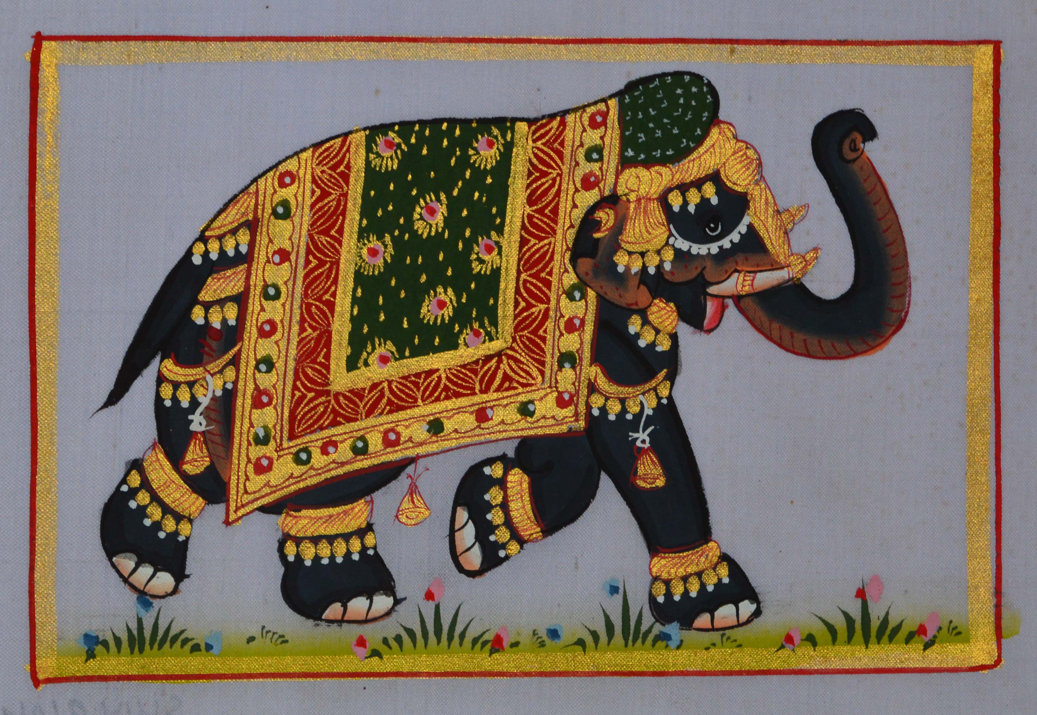 Royal Elephant decorated with Gold Ornaments Original Art Silk Painting Kafalo