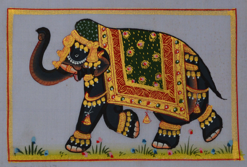 Royal Elephant decorated with Gold Ornaments on Canvas Original Art Silk Painting Kafalo